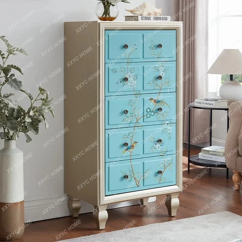 TTL Medieval Style Painted Chest Cabinet Solid Wood Porch Cabinet Bedroom Diner Foyer Three Drawers Storage Side Cabinet