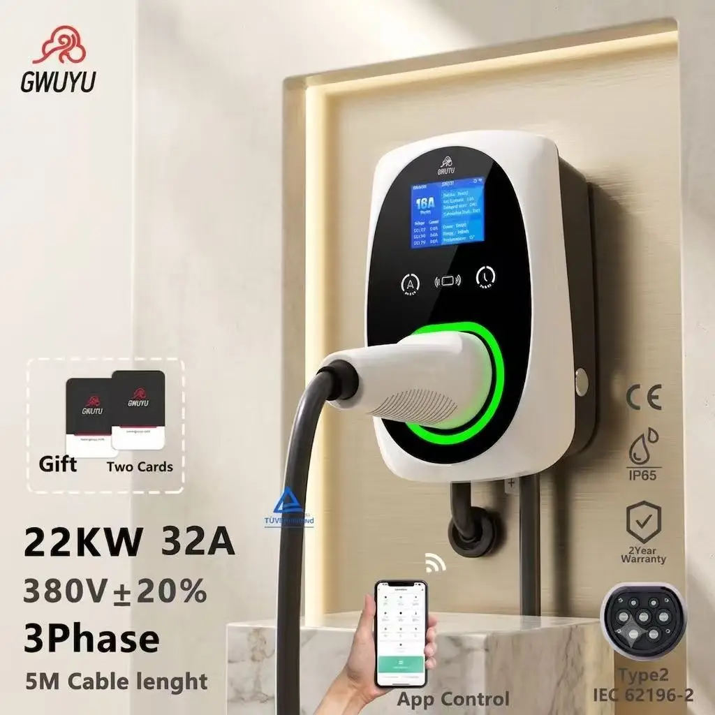 GWUYU 22KW 3-Phasen 32A Typ 2 Wandmontierte EV-Ladestation mit 5M Kabel, Smart EV-Ladestation mit APP-Steuerung, verzögerter Ladung, LCD-Anzeige, für Zuhause und Garage, Ladegerät für Elektrofahrzeuge