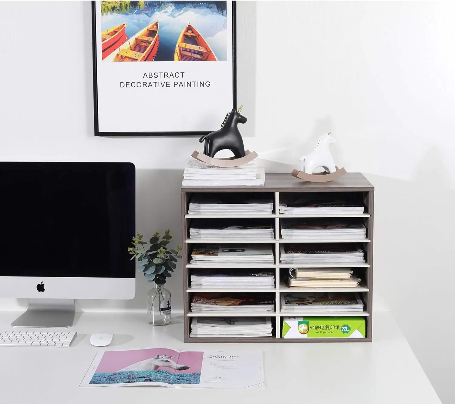 منظم ورق مكتب خشبي مع 12 رفًا قابل للتعديل، يحمل 6000 ورقة مقاس A4، رمادي/أبيض قديم للفصول الدراسية والمكتب والمنزل