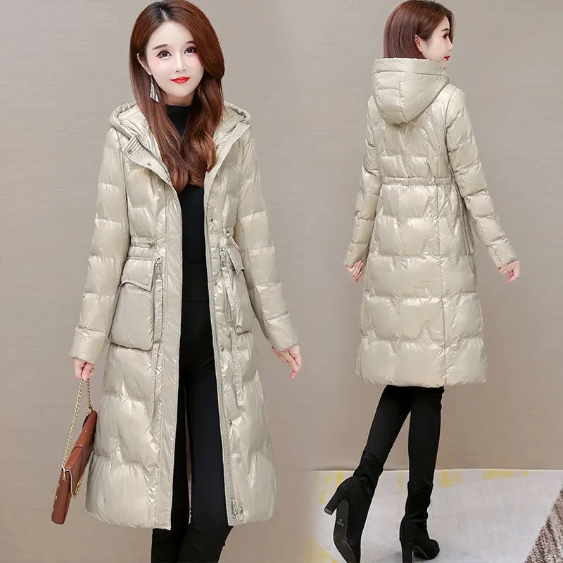 

High End Luxury Down Jacket Women 2024 New Winter Glossy Fashion Versatile White Duck Down Coat Female Large Size Hooded Parkas