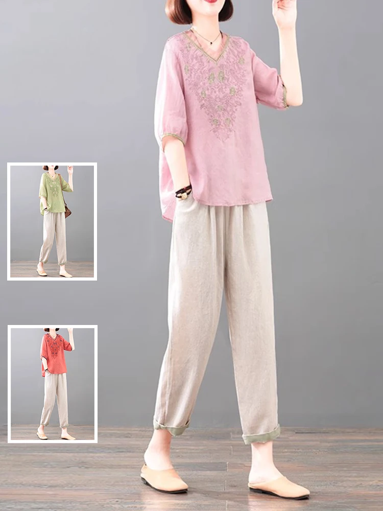 Ele Baumwoll-Leinen-besticktes zweiteiliges Set für Frauen mittleren Alters und lässiges V-Ne-T-Shirt und neunte Hose
