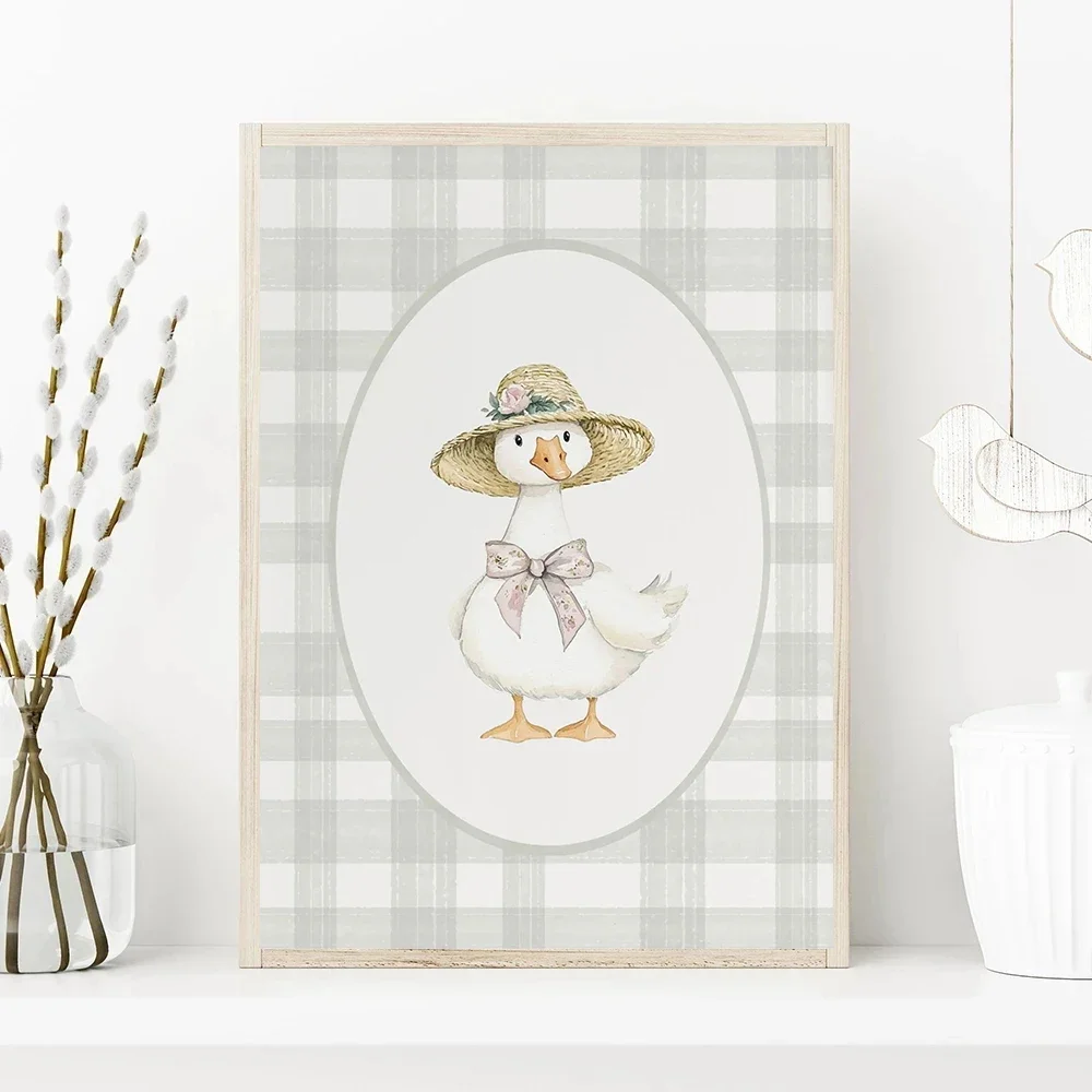 Frameless Canvas PaintingSage Green Silly Little Goose Duck Illustration Poster Canvas Painting Print Nursery Farm Animal Wall A