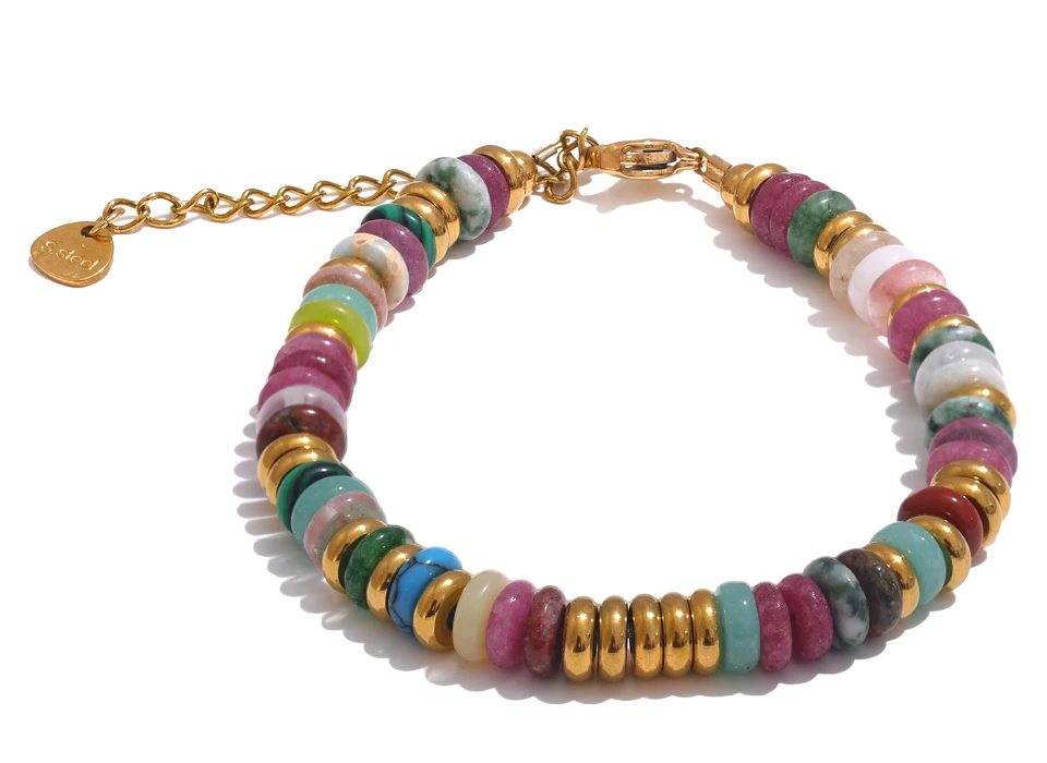 Yhpup Bunte Natursteinperlen Kette Handgefertigtes Armband Armreif Wasserdicht Böhmen Edelstahl Y2K Trendiger Schmuck Geschenk – Detail 2
