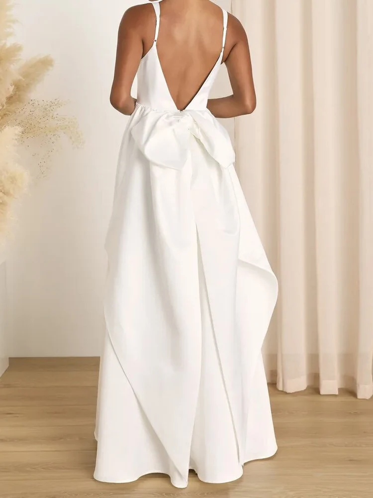 

Elegant White Floor-Length Party Dress with Strap Backless Knot Design Korean Style High Waist Wedding Gown