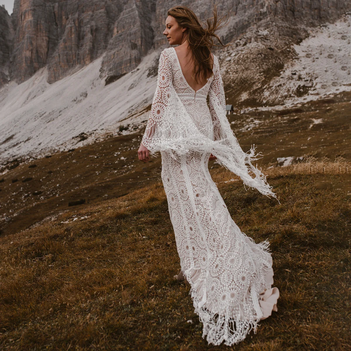 Long Batwing Sleeve Bohemian Lace Wedding Dress Tassels Backless V Neck Hippie Beach Real Pictures Plus Size Fringed Bridal Gown