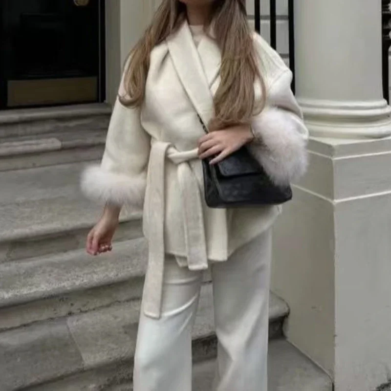 Abrigo Vintage para mujer, novedad de 2025, Otoño Invierno, solapa de felpa con cordones, manga de piel sintética lisa, abrigos abiertos de Tweed, prendas de vestir informales para mujer