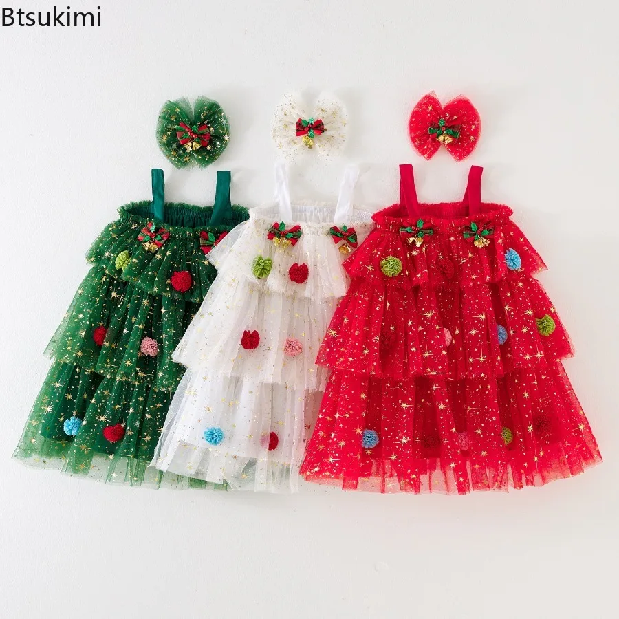 Christmas Kids Girl Stars Dress Baby Dresses for Girls Sleeveless Red Green Party Layered Tulle Dress Plush Ball Xmas Clothes