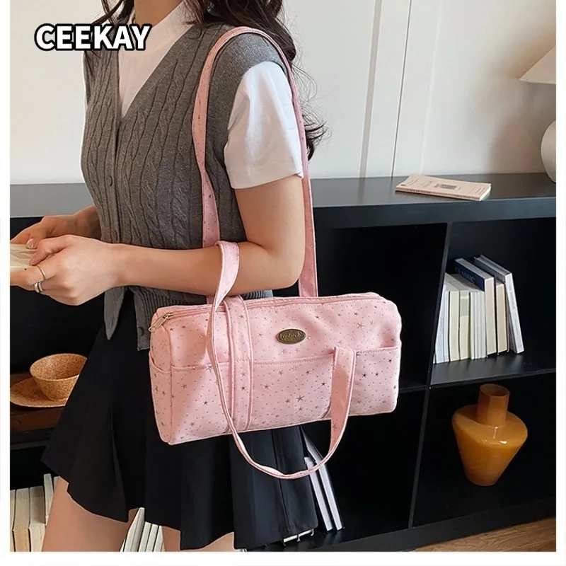 

CEEKAY Minimal Printed Cylinder Bag Dual Carry Ways Wide Cloth Strap Tiny Metal Plate Girls Daily Multi-use Zip Shoulder Purse