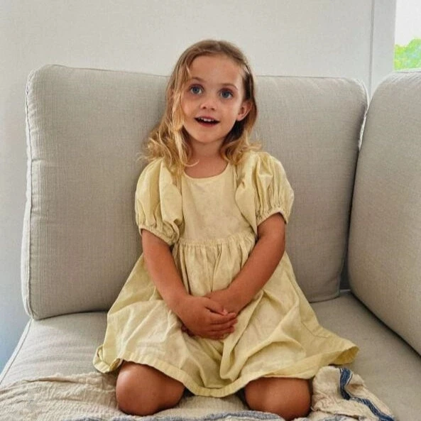 2026 Spring Summer New Children Clothing Girls White Cotton and Hemp Dress Bubble Sleeve Princess Dress