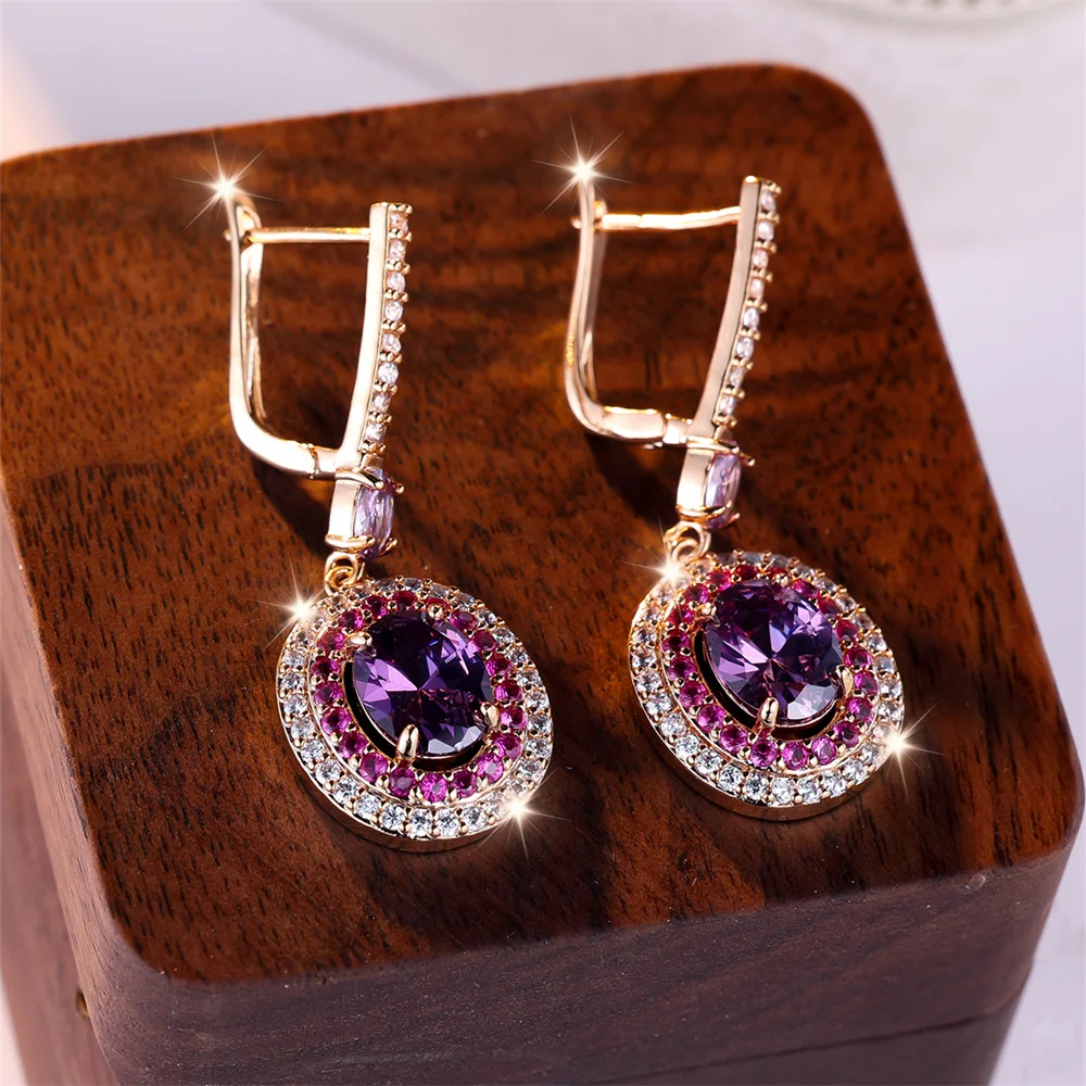 Purple Crystal Egg Shaped Stone Earring Rose Red Zircon Oval Hoop Earrings For Women Champagne Gold Color Wedding Bridal Jewelry