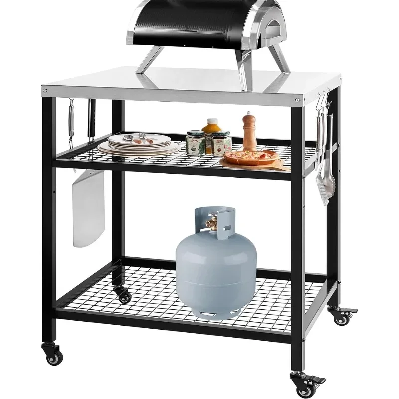 Stainless Steel Grill Cart Pizza Oven Stand Trolley Table with Wheels Three-Shelf Movable Food Prep Outdoor Cart 31.5