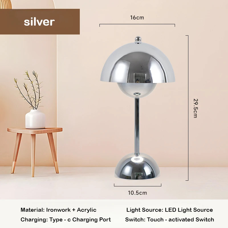 

Luxury Silver Gold Retro LED Mushroom Flower Bud Lamp Touch Charging Nordic Decorative Lamp for Bedroom, Study & Bedside