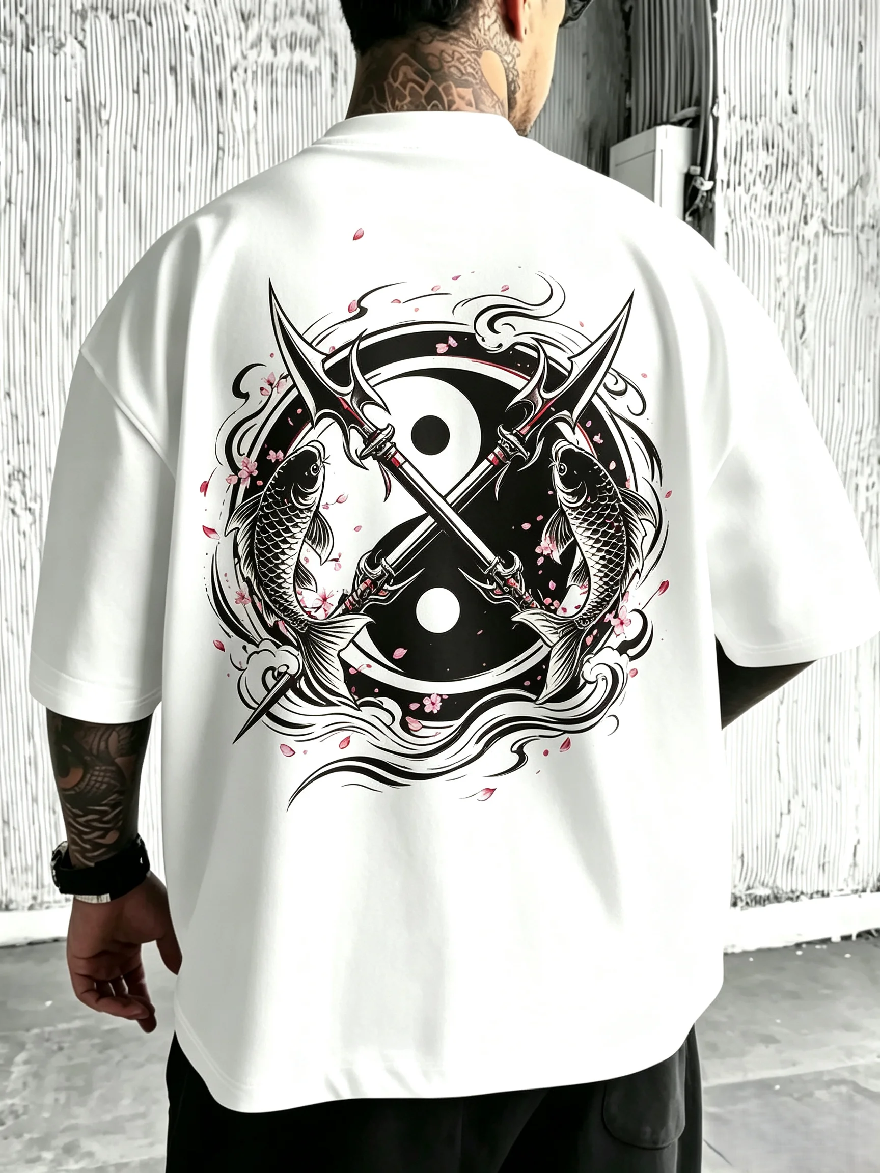 Unisex Oversized T‑Shirt Yin Yang Dual Koi Fish Cross Katana Sword Sakura Cherry Blossom Back Print Hip Hop Streetwear Short Sleeve Casual Tee Men Women