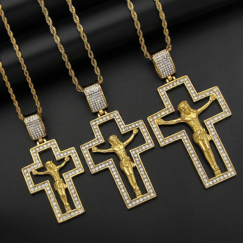 Hip Hop Bling Gold Color Stainless Steel INRI Crucifix Jesus Hollow Cross Pendants Necklace For Men Jewelry Drop Shipping