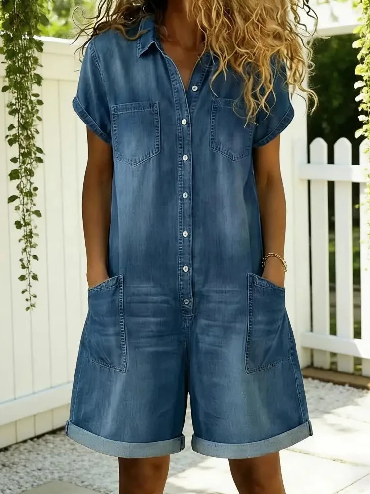 

Elegant Commuter Solid Loose Short Romper Casual Lapel Single Breasted Denim Jumpsuit Women Fashion Short Sleeve Pockets Overall