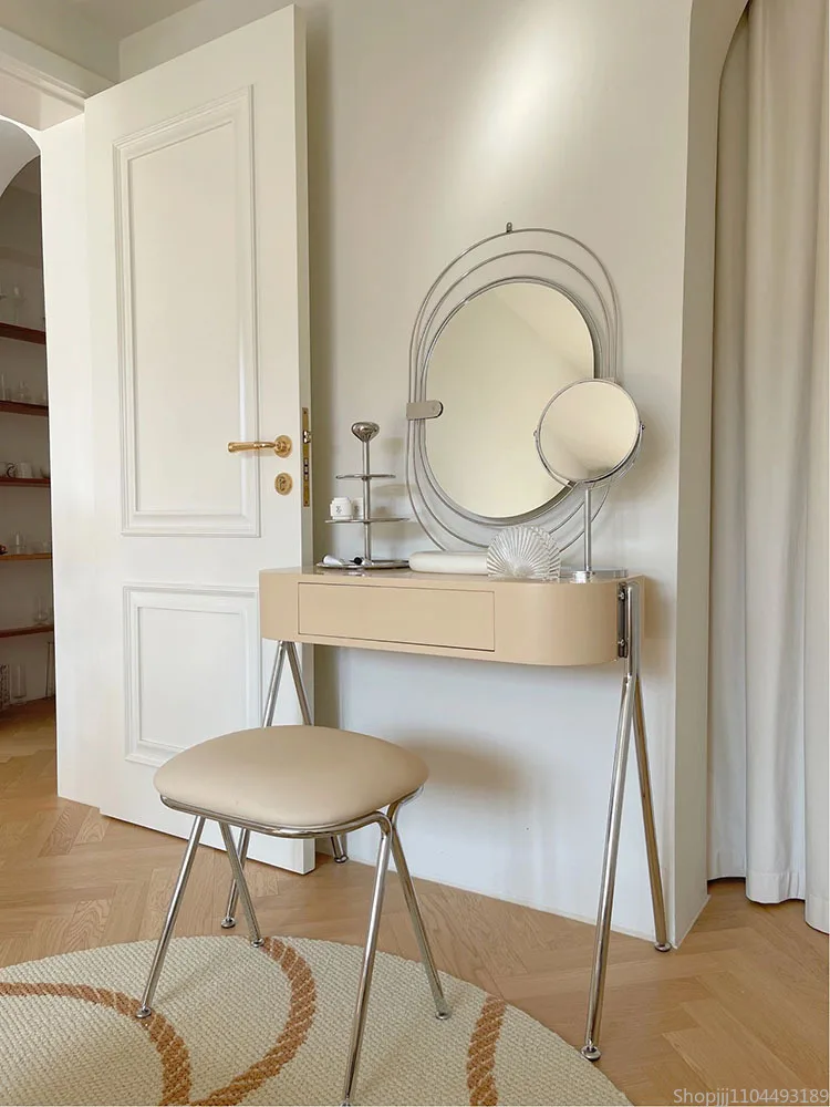 Vanilla Glow Dressing Table - Compact Vanity Desk with LED Mirror & Velvet Stool, Luxury Makeup Station for Bedroom/Boudoir