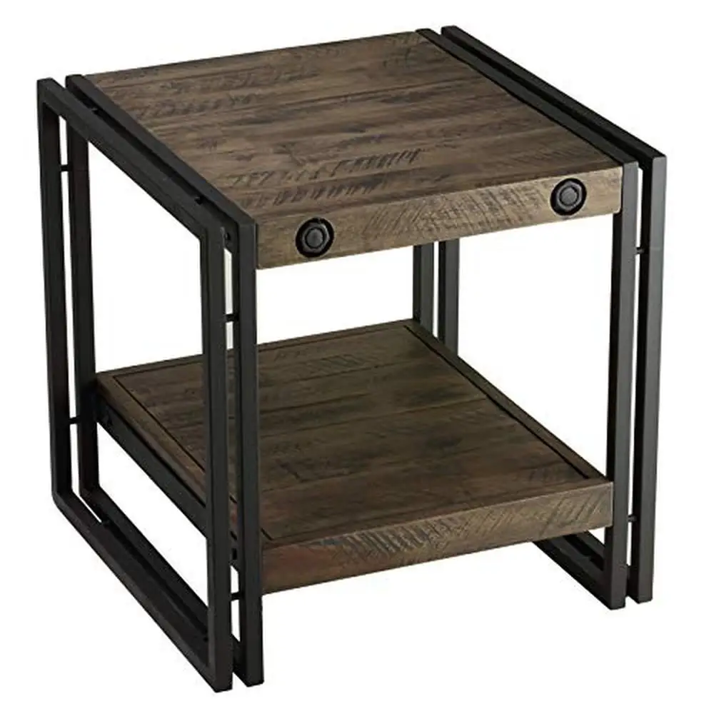 

Rustic Industrial Wood End Table with Open Shelving Square Lodge Style Natural Patina Design 18"x18"x20" Assembly Required