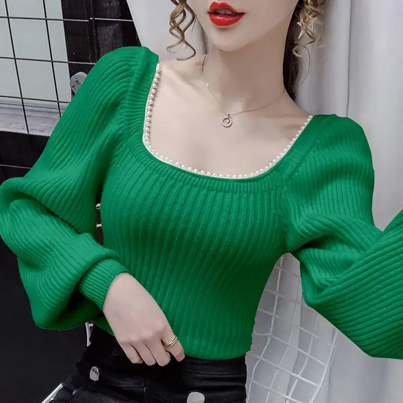 Fashion Square Collar Knitted Spliced Beading Sweaters Female Clothing 2023 Autumn New Casual Pullovers Solid Color Commute Tops