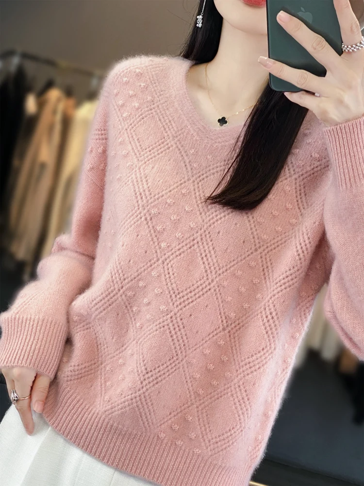 100% Merino Wool Sweater Women V-Neck Pullovers Autumn Winter Long Sleeves Basic Loose Cashmere Knitwear Hollow Bottoming Shirt