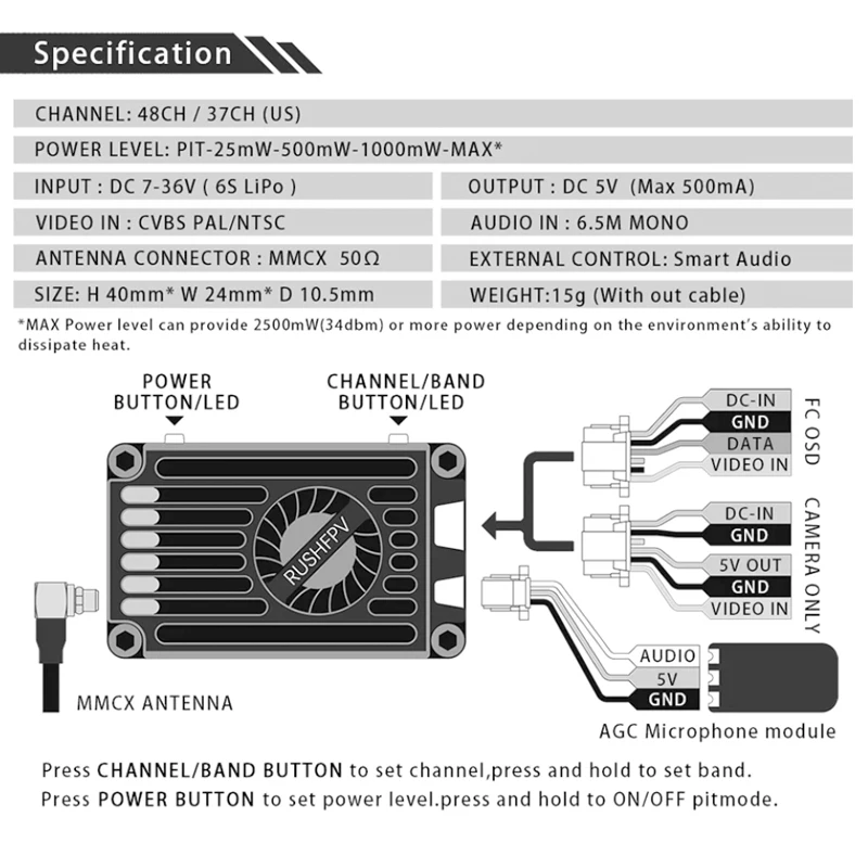 RUSHFPV RUSH MAX SOLO 5.8GHz 2.5W VTX 5.8G CNC Shell Built-In Cooling Fan For RC FPV Freestyle Long Range Racing Drone