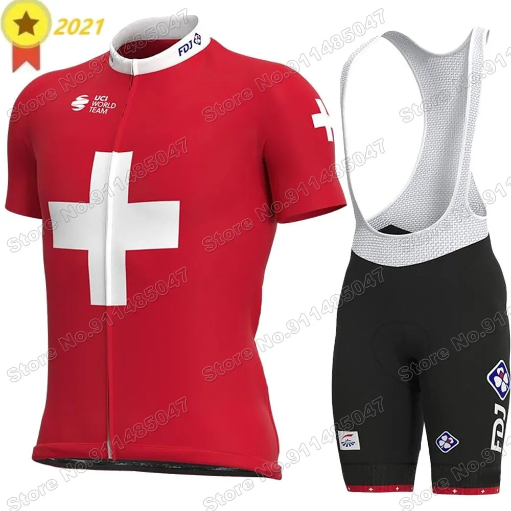 Suit Fdj Swiss Team Cycling Jersey Set 2022 Mens Red Clothing Road Bike Shirts Bicycle Bib Shorts MTB Wear Ropa Ciclismo