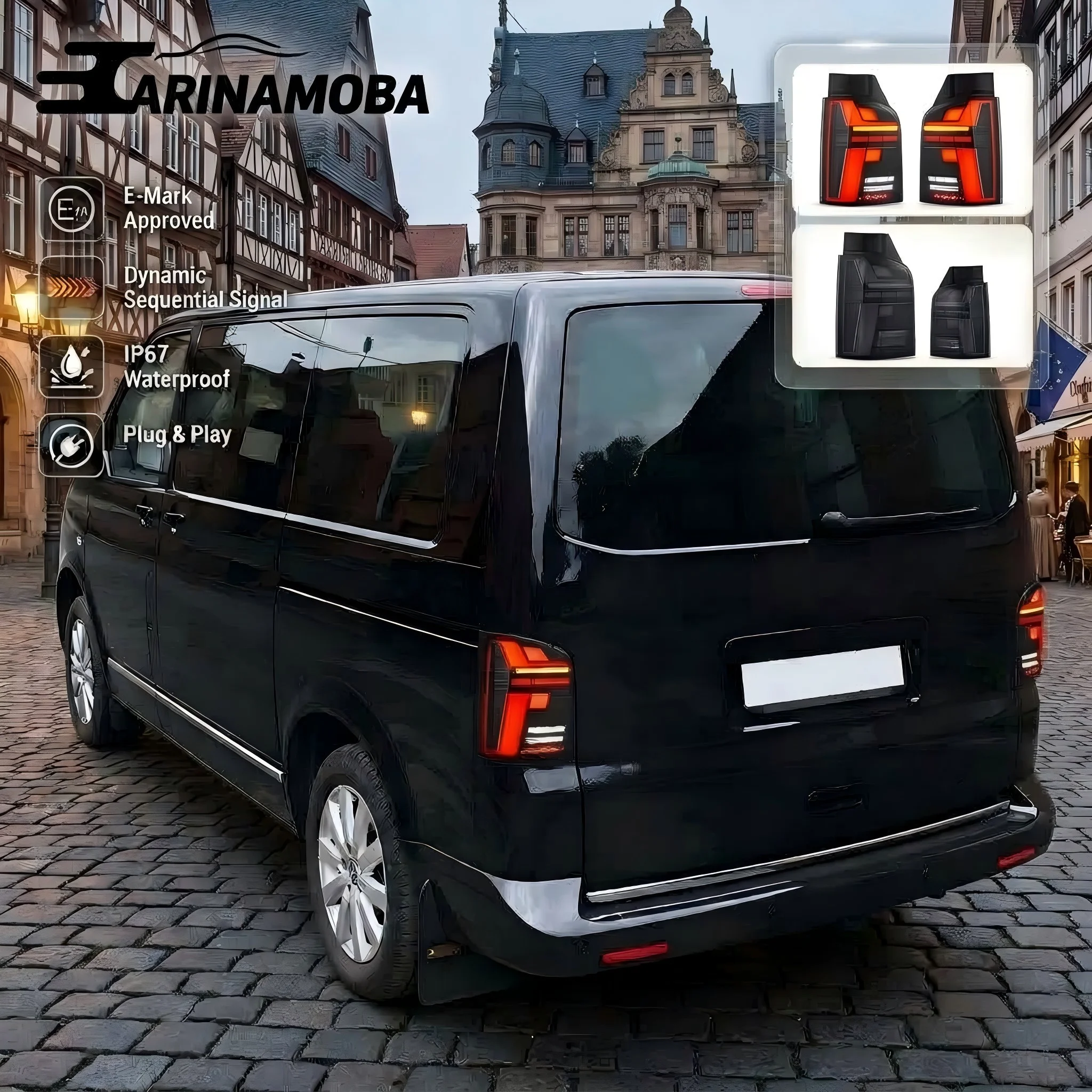 CARINAMOBA E-Mark ECE-Zertifizierte Voll-LED-Rückleuchten für VW Transporter Multivan Caravelle T5 T5.1 2010-2014 |   Dynamisches Sequenzielles Bernsteinfarbenes Blinklicht DRL Rückleuchten-Set |