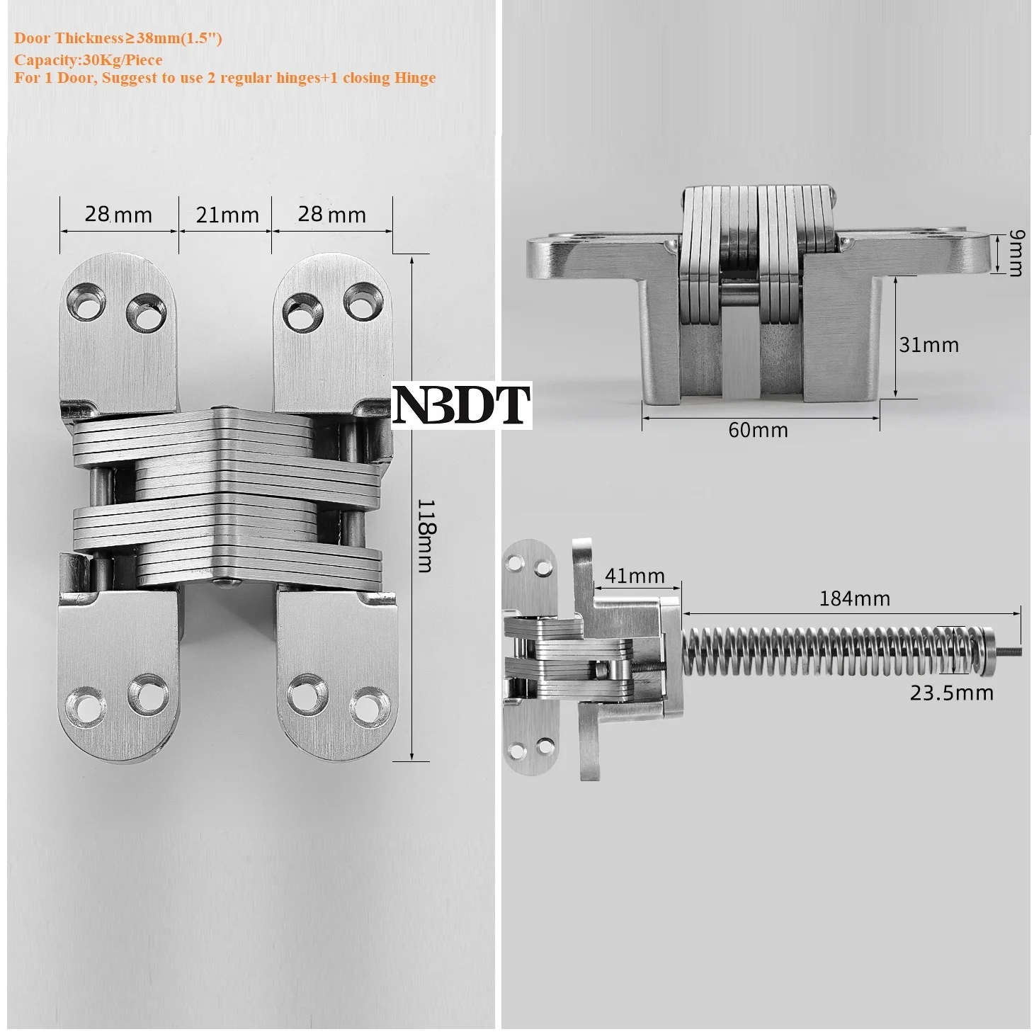 1Piece Mortise Invisible Inset Hinge With Spring Door Closer Brushed Steel Matte Black