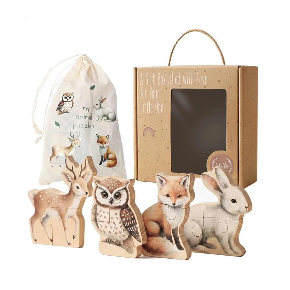 

Baby Wooden Puzzle with Knobs 4 Pack Animal Rabbit Owl Deer Fox Easy Grab Toddler Montessori Toy Early Educational Birthday Gift