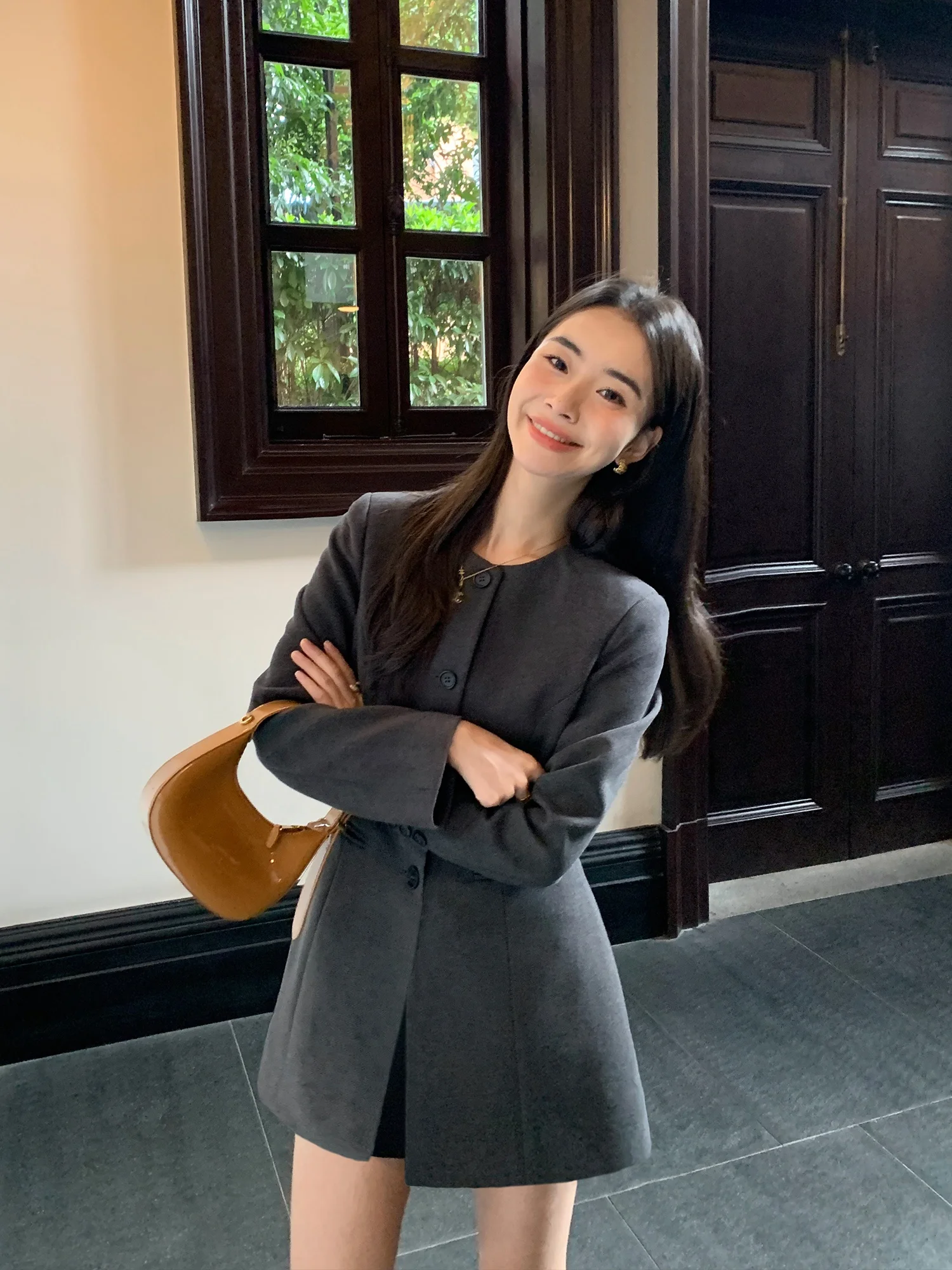 

Pusumede Bla Woolen Suit Jaet Women's Waist-Cinching High-End Ele Commuting Top Quali Polyester Blend Long Sve