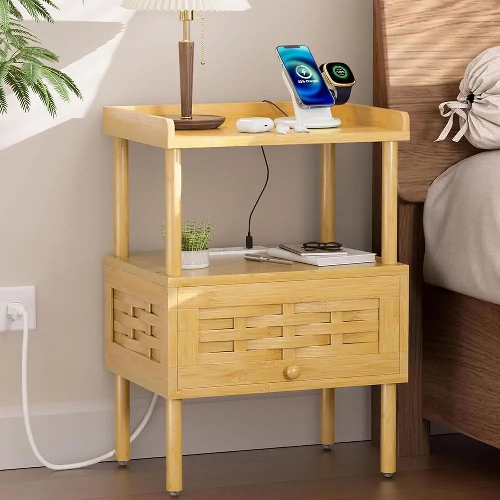 

Natural Bamboo Nightstand with USB Charging and Outlets, Lift-Up Drawer & Shelf, Bedroom Side Table bedside table small cabinet