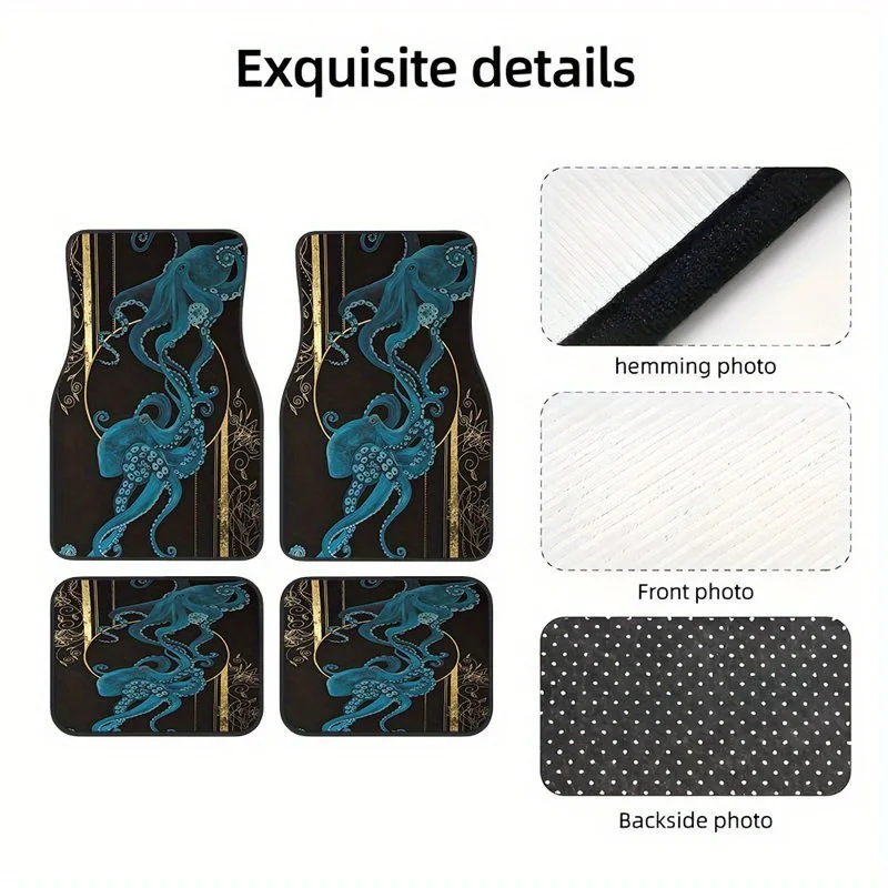 4pcs Octopus Car Floor Mats - Synthetic Rubber, Easy To Clean, Pet-Friendly, Stylish Black & Golden Design For Front & Rear Vehi