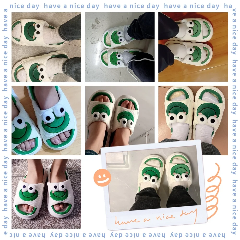 Funny Animal Flog Slippers Female Comfort Breathable linen Slides Indoor Outdoor Male's Platform Flax Slippers