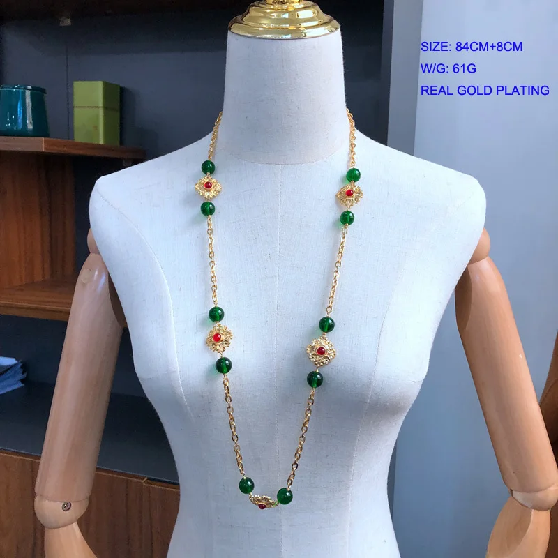 

Middle aged flower emerald ancient method glass bead necklace long sweater chain