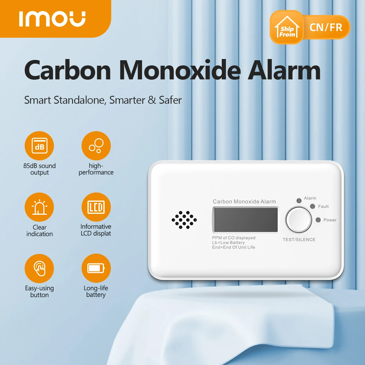 IMOU Alarm detektor dalam ruangan, pendeteksi pintar karbon monoksida dengan baterai yang dapat diganti 85DB bel layar LCD informatif