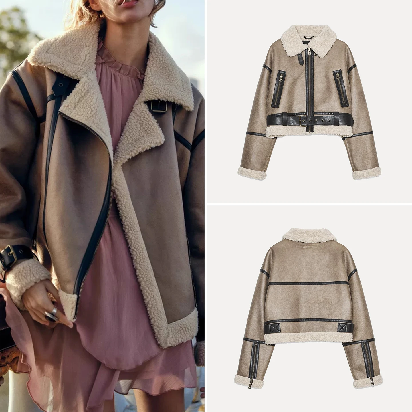 

Z Женская куртка с двусторонним воротником и украшением из ленты, новинка 2025, свободная посадка, длинная застежка-молния