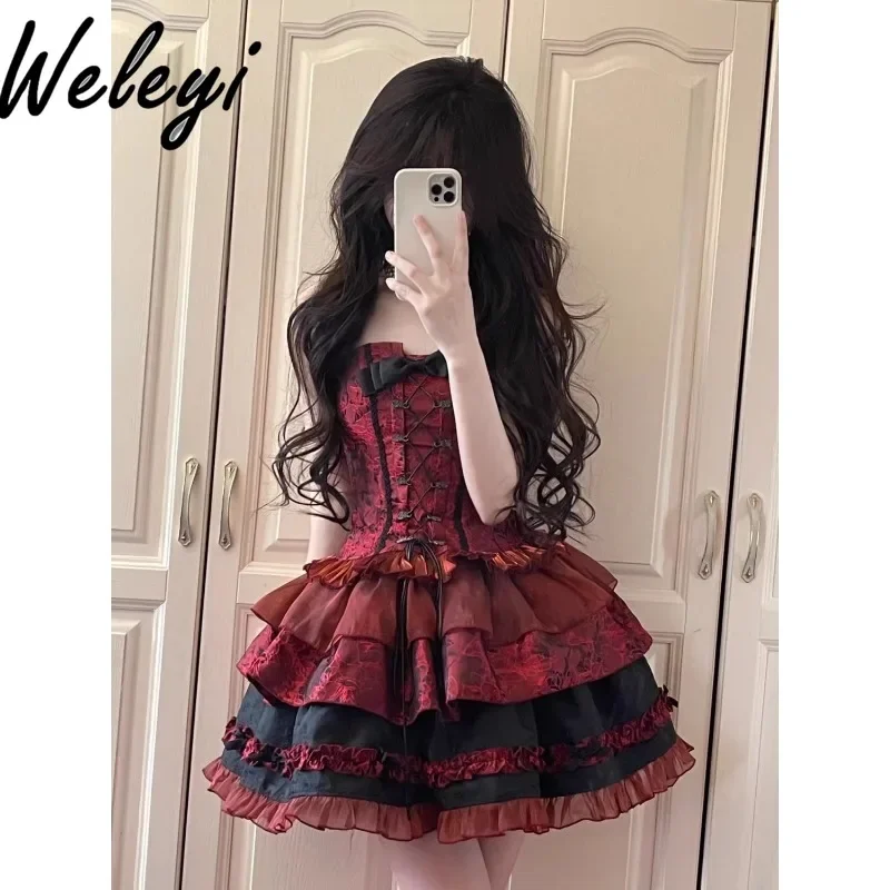 Dark Halloween Lolita Abito a tre pezzi Ropa De Mujer 2025 Cutecore Nuovo Jacquard Bow Tube Top Bubble Sleeve Jacket Tutu Gonna Set