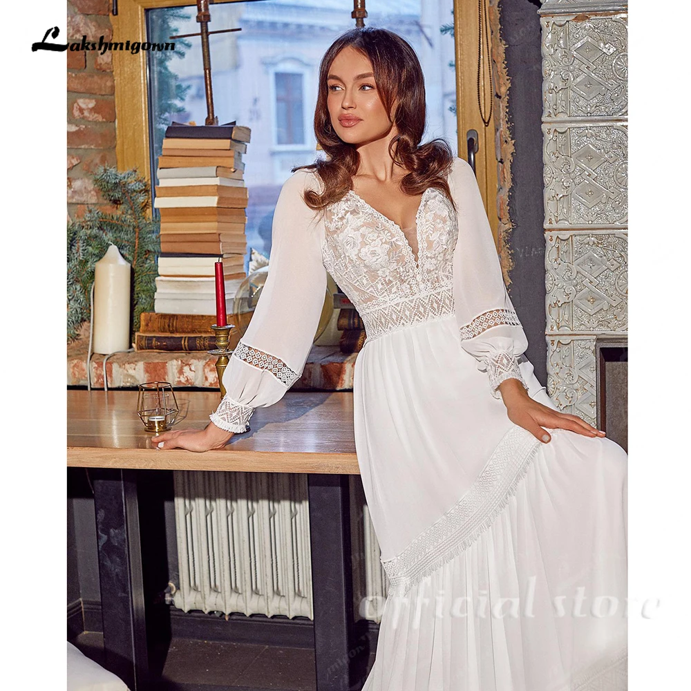 Lakshmigown Bohemian Boho Hochzeitskleid 2027 Neu Lange Puffärmel V-Ausschnitt Chiffon Spitzenapplikationen Schleppe Brautkleid Maßanfertigung – Detail 7
