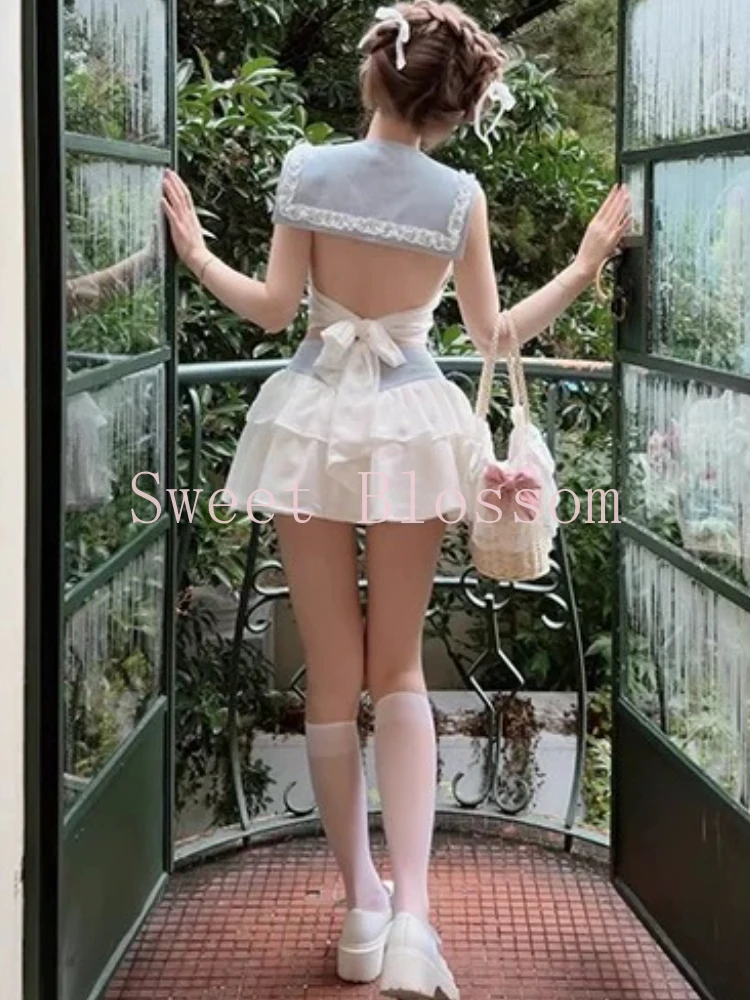 Japanse Zoete Lolita Tweedelige Set Vrouwen Backless Boog Tops + Korte Taart Rok Nieuwe Harajuku Pure Desire Slanke Zomer outfit 2025
