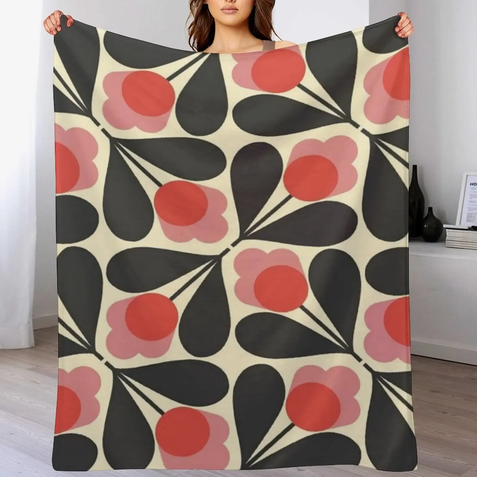 

orla kiely Acorn ,black, red,white,floral patterns Throw Blanket Color Fast Cozy Throw Blanket