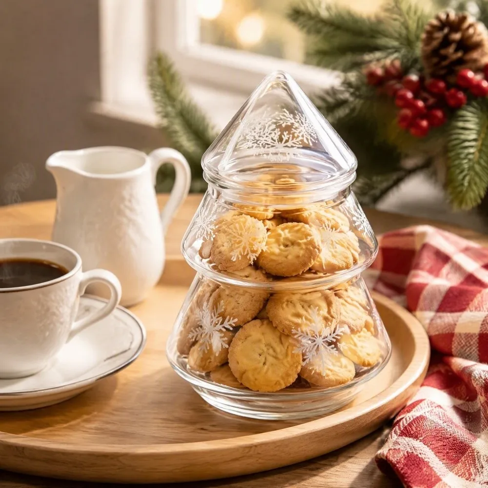 Snowflake Pattern Glass Christmas Tree Jar Large Capacity Stylish Cookie Jar Transparent With Lid Christmas Food Container