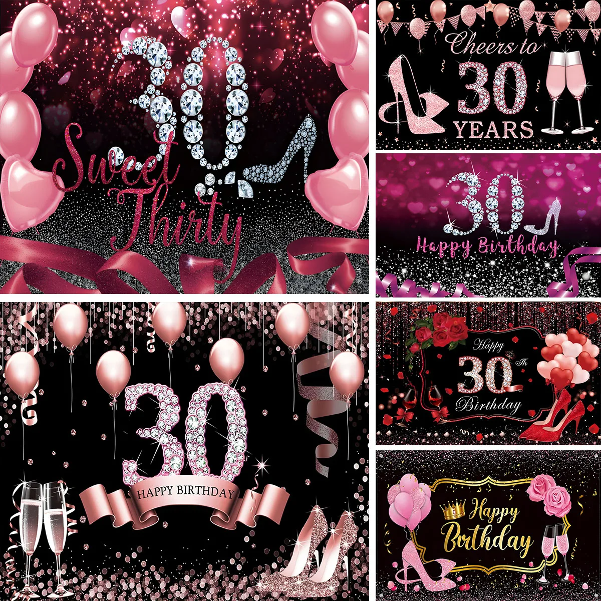 Pink Black 30th Birthday Anniversary Banner Backdrop Cheers high heels 30 Years Birthday Anniversary Decorations Party Supplies