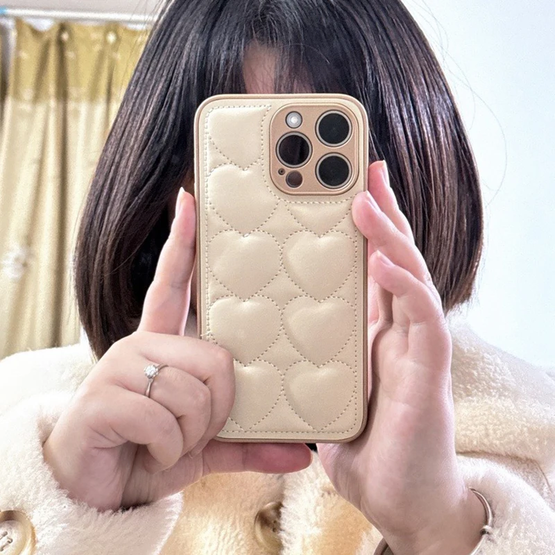 Fashion Embossed Love Heart Puffer Leather Phone Cover Case For iPhone 16 15 14 13 12 Pro Max