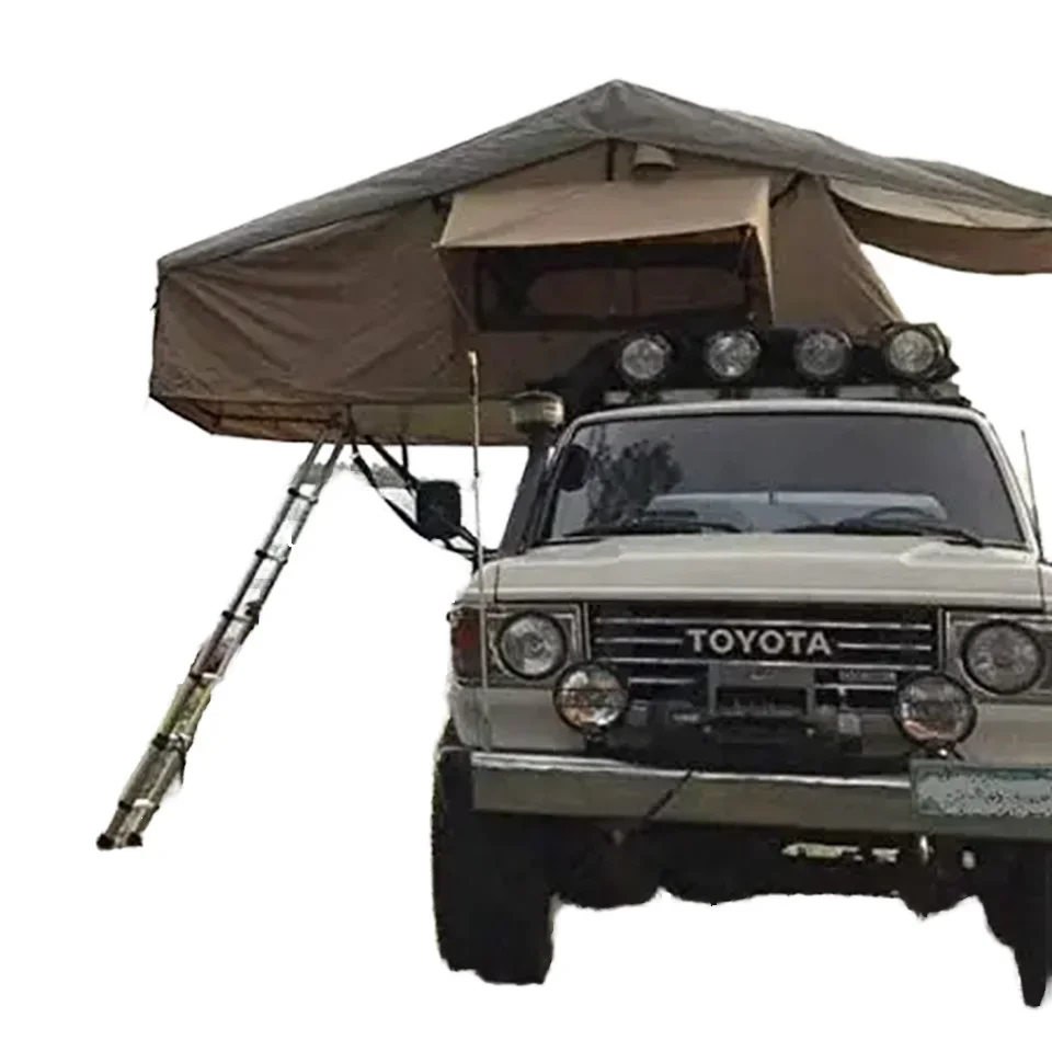 WOQI 2-3 Person Outdoor Folding Camping Truck Rooftop Sunroof Rooftop Tent with Skyline Rainfly and Ladder