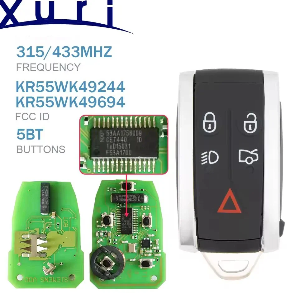

Автомобильный ключ с 5 кнопками для Jaguar XF XFR XK XKR XJ8 XK8 2007+ 315/433 МГц FSK ID46 KR55WK49244 C2P17156 Вход без ключа