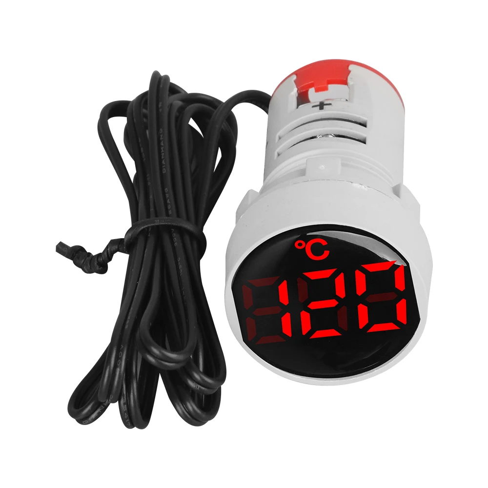 22mm Round Small Mini Light Display Thermometer Digital Temperature Meter Indicator DC 5V-48V 12V 24V -20~+120\'C with 1m Sensor