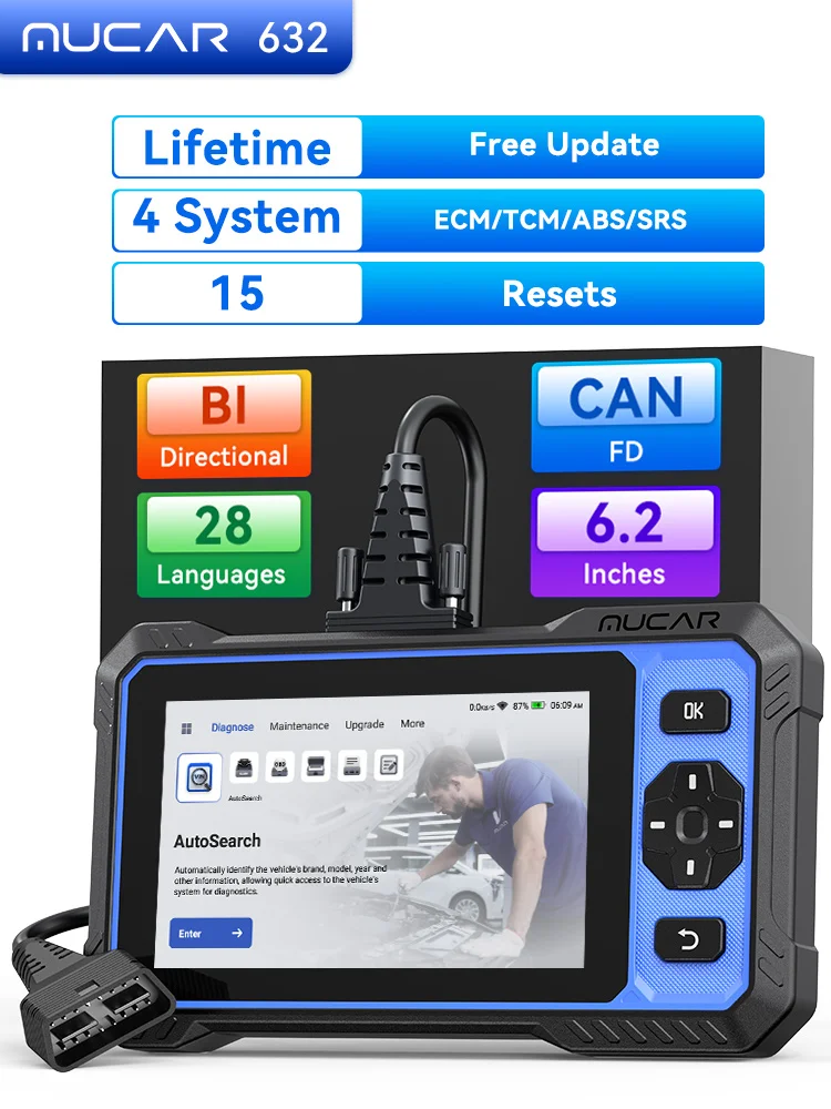 Lebenslange Kostenlose Updates MUCAR 632 AI OBD2 Diagnosegerät Bidirektionales CANFD-Protokoll ECM/TCM/ABS/SRS Diagnose 15 Reset-Funktionen Scanner