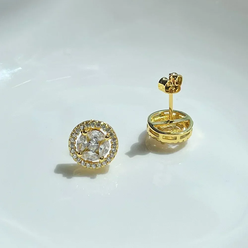 1 Pair Light Luxury Round Zircon Piercing Stud Earrings for Women Gold Silver Color Ear Accessories OL Fashion Jewelry