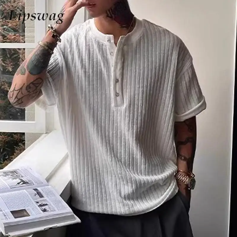 Old Money Style Classic Henley T Shirt Men Summer Trendy Half Sleeve Button Crew Neck Tops Mens Vintage Knitted Ribbed T-shirts