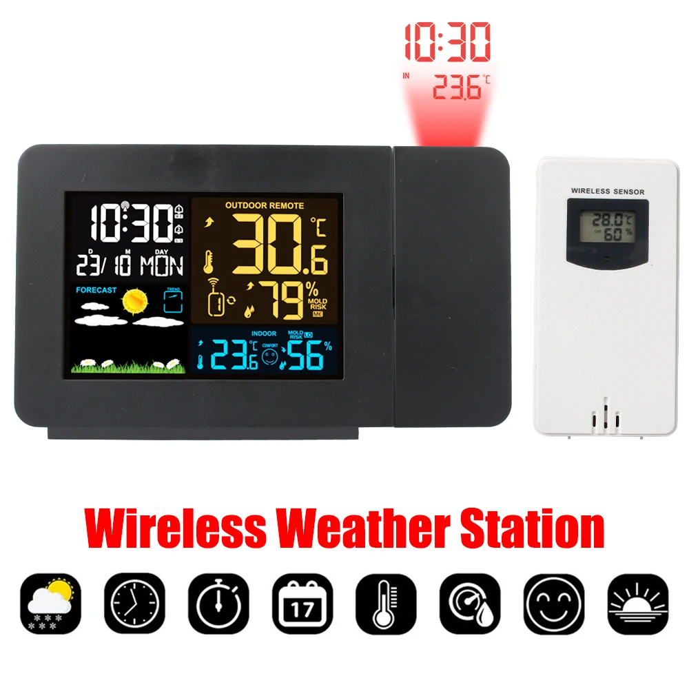 EU Indoor Outdoor Snooze Temperature Weather Station Humidity Digital Alarm LED Table Clock With Time Projection