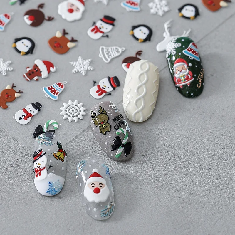 3D Christmas Nail Art Stickers Cartoon Santa Claus Reindeer Snowman Penguin Snowflake Decals DIY Winter Holiday Manicure